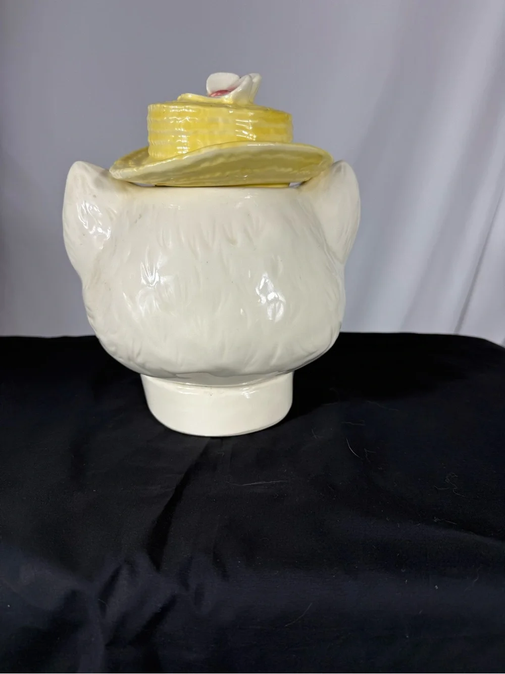 Vintage Metlox Style Cat Cookie Jar Yellow Hat Blue Eyes MCM 1960s Ceramic